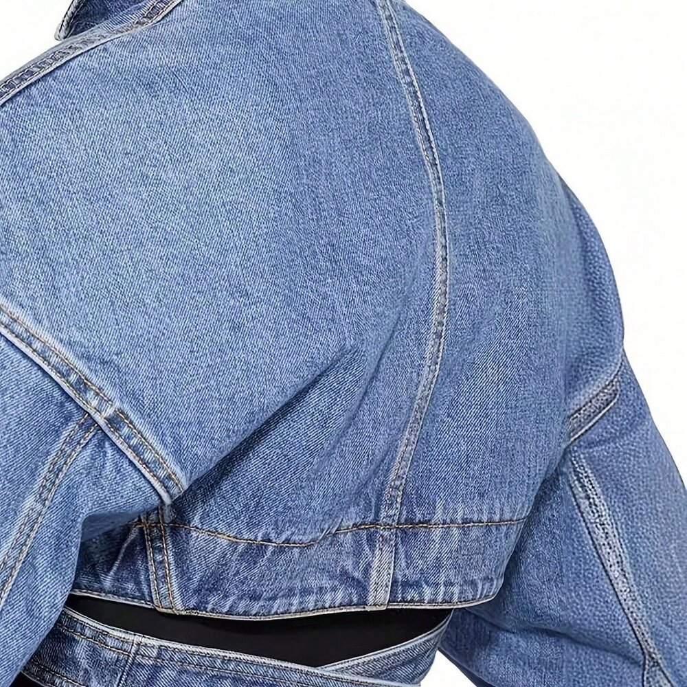 Blue Casual Women's Cropped Cross-Over Placket Denim Jacket - Picture 2 of 3